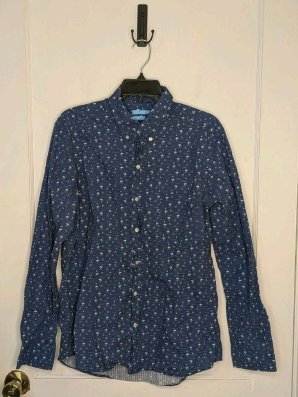 J Mclaughlin Shirt Mens Large Blue Shark Print Button Down Long Sleeve Modern